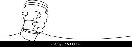 Halten Sie die Kaffeetasse mit der Hand eine Linie lang. Handgezeichnete Elemente für Café-Menü und Café-Shop. Lineare Vektordarstellung. Stock Vektor