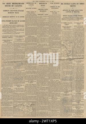 1943 die Times berichtet von der Invasion der Alliierten auf Sizilien, Hitler fliegt nach Italien und die Rote Armee überquert den Donets Stockfoto