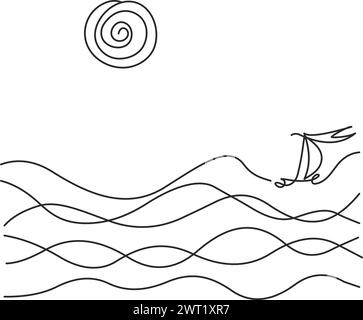 Durchgehende Handzeichnung mit einer Linie. Meereslandschaft Kunst. Boot in Welle. Sonne im Wolkenhimmel. Einstellbarer schwarzer Kontur, transparenter Hintergrund. Einfach Stock Vektor
