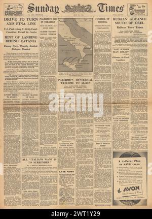 Die Titelseite der Sunday Times 1943 berichtet über die Invasion der Alliierten in Sizilien und den Vormarsch der Roten Armee auf Orel Stockfoto