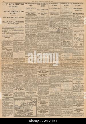 1943 berichtete die Times über die Invasion der Alliierten auf Sizilien, die Bombardierung der Ploesti-Ölfällchen und die Schlacht um Orel Stockfoto