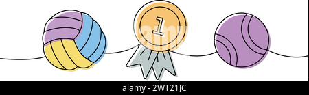 Set mit Haustierzubehör. Hundekugel Spielzeug, Medaille des ersten Platzes, Tennisball, Tierspielzeug durchgehende einzeilige Illustration. Lineare Vektordarstellung. Stock Vektor
