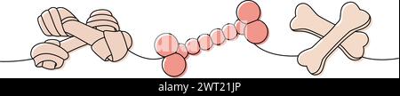 Zubehör für Haustiere. Knochen, Hund Kauspielzeug durchgehende einzeilige Illustration. Lineare Vektordarstellung. Stock Vektor
