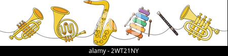 Satz von Blasmusikinstrumenten. Tuba, Trompete, Horn, Saxophon, Xylophon aus Holz, durchgehende einzeilige Abbildung der Quernut. Stock Vektor
