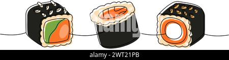 Sammlung von Sushi-Lebensmitteln. Japanische Küche, traditionelle Küche, eine Zeile. Tekkamaki Thunfischrolle, Futomaki durchgehende einzeilige Illustration. Stock Vektor