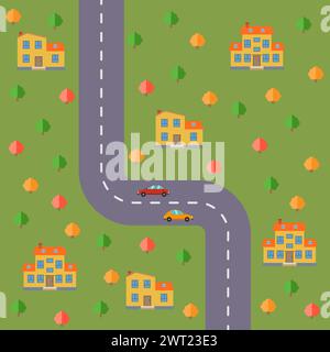 Plan des Dorfes. Landschaft mit Straße, Wald, Autos und Häusern. Vektorabbildung Stock Vektor