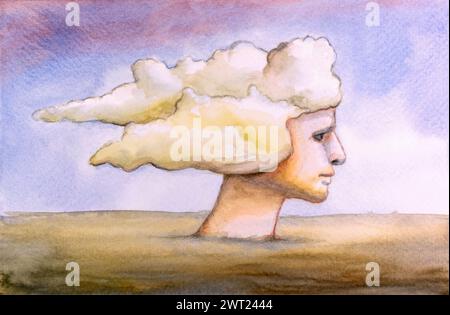 Menschlicher Kopf mit Haaren, die durch weiche Wolken ersetzt werden. Traditionelle Aquarellabbildung auf Papier. Stockfoto