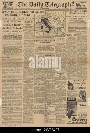 1943 die Titelseite des Daily Telegraph berichtet, dass Italien bedingungslos kapituliert Stockfoto