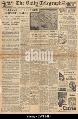 1943 die Titelseite des Daily Telegraph berichtet, dass Italien bedingungslos kapituliert Stockfoto