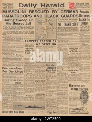 1943 Daily Herald berichtet, dass die deutschen Truppen Mussolini retten Stockfoto