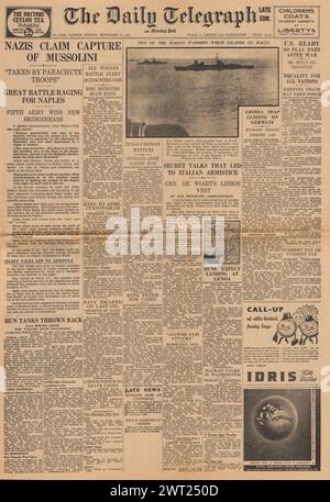 1943 die Titelseite des Daily Telegraph berichtet von der Rettung von Mussolini durch deutsche Truppen Stockfoto