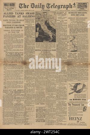 1943 die Titelseite des Daily Telegraph berichtet über die Schlacht um Salerno und die Schlacht um Brjansk Stockfoto