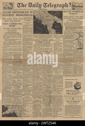 1943 die Titelseite des Daily Telegraph berichtet über die Schlacht um Salerno und die Schlacht um Brjansk Stockfoto