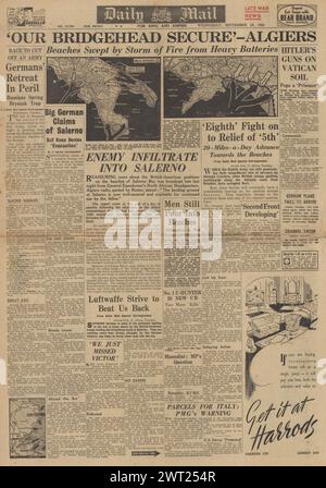 1943 Daily Mail berichtet über die Schlacht um Salerno und die Schlacht um Bryansk Stockfoto