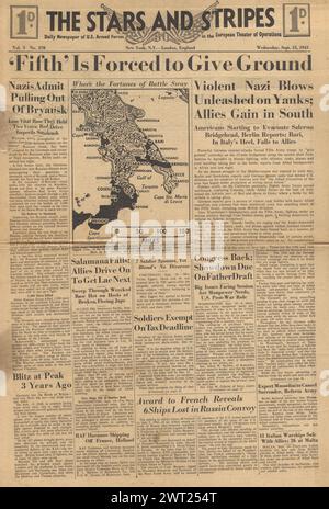 1943 die Titelseite der Stars and Stripes berichtet über die Schlacht um Salerno und die Schlacht um Brjansk Stockfoto