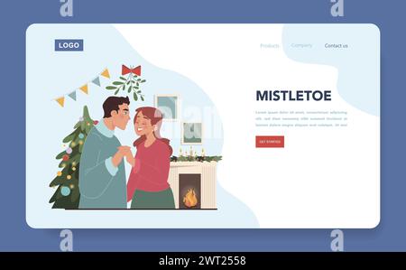 Webbanner oder Landing-Page für Weihnachtsfeiern. Ein Paar küsst sich unter dem Mistelzweig in festlicher Nacht. Menschen verbringen Zeit zusammen in den Winterferien. Festliche Tradition. Illustration des flachen Vektors Stock Vektor