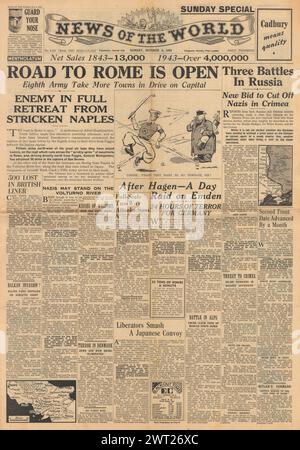 1943 News of the World Titelseite berichtet von alliierten Angriffen nach Rom Stockfoto