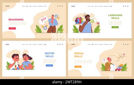 Webbanner oder Landing-Page-Set für kognitive Fähigkeiten. Menschliche kognitive Funktion, Fähigkeit oder Fähigkeit, Daten zu verarbeiten. Intellekt-Entwicklung. Lernfähigkeit, Gedächtnis und Aufmerksamkeit. Illustration des flachen Vektors Stock Vektor