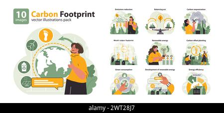 CO2-Footprint-Set. Einblicke in die globalen CO2-Auswirkungen. Emissionsminderung, weltweite CO2-Kartierung, umweltfreundlicher Verbrauch. Förderung erneuerbarer Energien, Ausgleichsbepflanzung und Energieeinsparung. Flacher Vektor Stock Vektor