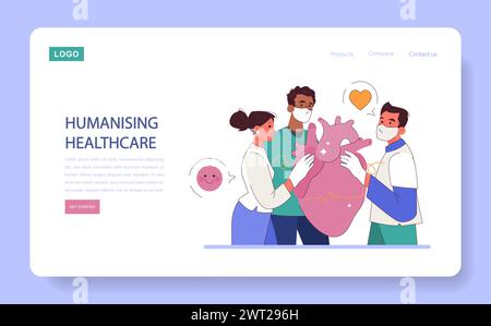 Humanisierung des Web-Banners oder der Landing-Page im Gesundheitswesen. Moderner ärztlicher Ansatz zur ärztlichen Behandlung und Patientenbetreuung. Doktor ethische Verpflichtung und Allianz. Illustration des flachen Vektors Stock Vektor