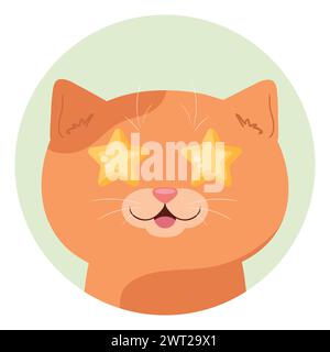 Cartoon-rote Tabby-Katze mit Sternen in den Augen. Die Katze ist begeistert und schaut auf das Objekt der Anbetung. Vektorabbildung Stock Vektor