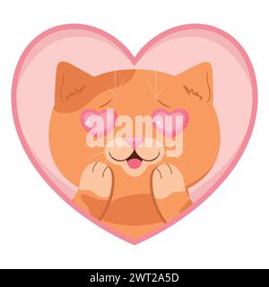 Cartoon-Ginger-Tabby-Katze mit Herzen in den Augen. Verliebte Katze in einem herzförmigen Rahmen. Vektorabbildung Stock Vektor
