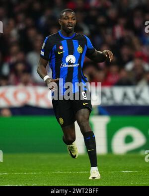 Madrid, Spanien. März 2024. Marcus Thuram von Inter Mailand spielte im Achtelfinale zwischen Atletico de Madrid und Inter Mailand am 13. März 2024 im Civitas Metropolitano Stadion in Madrid, Spanien. (Foto: Bagu Blanco/PRESSINPHOTO) Credit: PRESSINPHOTO SPORTS AGENCY/Alamy Live News Stockfoto