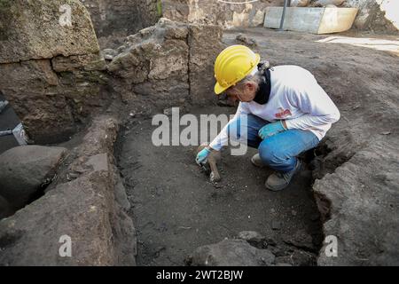 Restaurator bei der Arbeit an Amphoren im Schola Armaturarum, der ersten Ausgrabung von Pompeji in einem Gebiet, das nie untersucht wurde, nach mehr als 2 Stockfoto