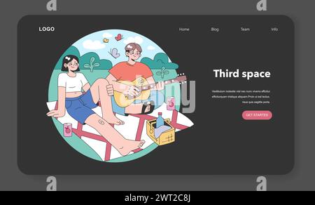 Dritter Platz Webbanner oder Landing-Page im Nacht- oder Dunkelmodus. Geselliges Umfeld. Community Life Building, People Interaction und Kommunikationszone. Illustration des flachen Vektors Stock Vektor