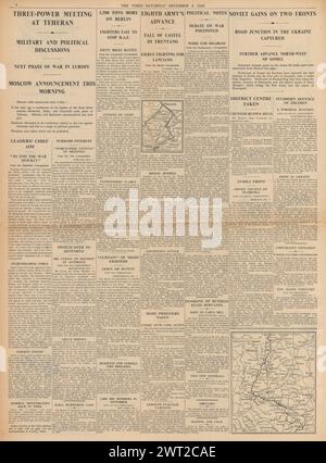 1943 berichtete die Times von der Teheraner Konferenz, dem Vormarsch der Alliierten in Italien, der RAF Bomb Berlin und dem Vormarsch der Roten Armee auf dem Dnieper Stockfoto