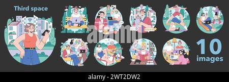 Dritter Platz Nacht- oder Dunkelmodus eingestellt. Soziale Umgebung, getrennt von Zuhause und Arbeitsplatz. Community Life Building, People Interaction und Kommunikationszone. Illustration des flachen Vektors Stock Vektor