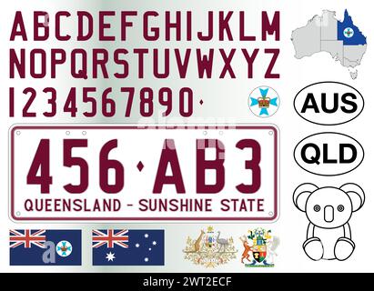 Queensland Autokennzeichen Muster, Buchstaben, Zahlen und Symbole, Vektorillustration, Australien Stock Vektor