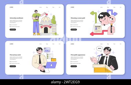 Webbanner oder Landing-Page-Set für die Jahre der Jugend und des Erwachsenenalters. Meilensteine im Leben. Junge männliche Figur wird alt und sammelt neue Erfahrungen. Illustration des flachen Vektors Stock Vektor