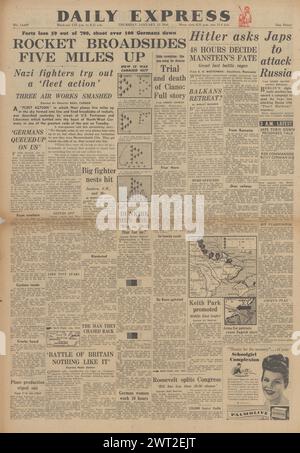 1944 Daily Express-Titelseite berichtet von Luftschlachten über Deutschland, Hitler fordert Japan auf, Russland einzumarschieren und Graf Ciano hingerichtet zu haben Stockfoto