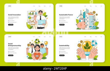 Social Entrepreneurship Web-Banner oder Zielseiten-Set. Unternehmerische Verantwortung für Gesellschaft und Umwelt. Finanzierung und Umsetzung von Lösungen für eine nachhaltige Entwicklung. Illustration des flachen Vektors Stock Vektor