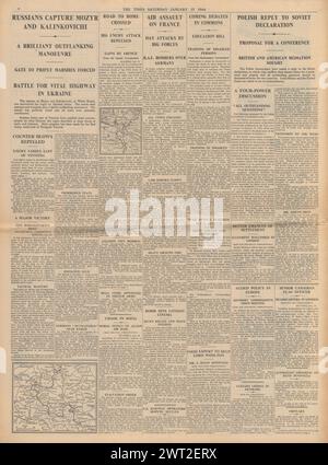 1944 berichtete die Times, dass die Rote Armee Mozyr gefangen nahm, dass die Alliierten Frankreich und Deutschland bombardierten und das Londoner Kino bombardierten Stockfoto