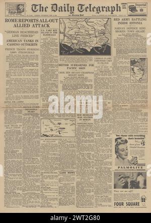1944 die Titelseite des Daily Telegraph berichtet, dass die Rote Armee in Estland einmarschiert und um Rom und Cassino kämpft Stockfoto