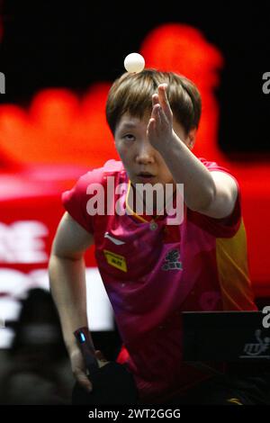 Singapur. März 2024. Wang Manyu aus China spielt im Viertelfinale der Frauen gegen Ito Mima aus Japan beim World Table Tennis Singapore Smash 2024 in Singapur am 15. März 2024. Quelle: Dann Chih Wey/Xinhua/Alamy Live News Stockfoto