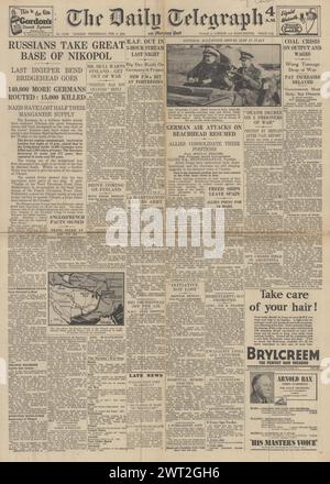 1944 die Titelseite des Daily Telegraph meldet, dass die Rote Armee Nikopol einzieht Stockfoto