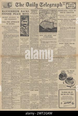 1944 die Titelseite des Daily Telegraph berichtet über die Schlacht um Anzio und den Frieden Finnlands mit Russland Stockfoto
