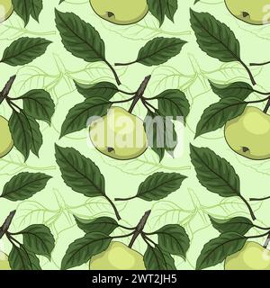 Nahtloser Hintergrund, Fruchtapfel mit Blättern und Konturen, Fliesenmuster. Vektor Stock Vektor