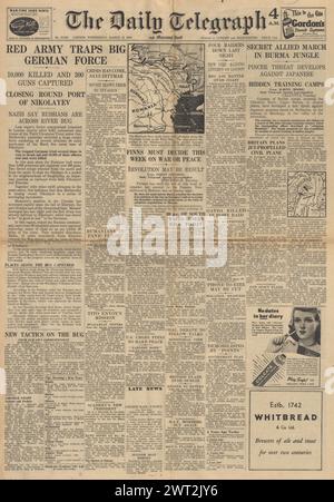 1944 die Titelseite des Daily Telegraph berichtet über die Schlacht um Nikolaev und den Vormarsch der britischen Armee in Birma Stockfoto