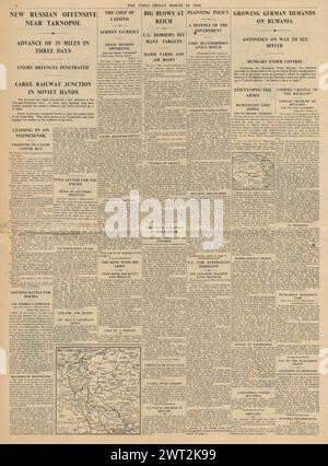 1944 berichtete die Times von alliierten Bombenangriffen auf Deutschland, dem Vormarsch der Roten Armee auf Tarnopol und der deutschen Besetzung Rumäniens Stockfoto