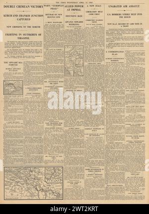 1944 meldete die Times die Bombardierung Deutschlands durch die Alliierten, marschierte die Rote Armee auf die Krim und kämpfte um Imphal Stockfoto