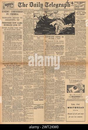 1944 die Titelseite des Daily Telegraph berichtet über die Schlacht um die Krim und schwere Verluste für die Luftwaffe Stockfoto