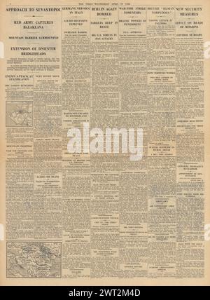 1944 die Times, die die US Air Force Bomb Berlin, Battle for Sebastopol und Royal Navy meldet, benutzt menschlichen Torpedo Stockfoto