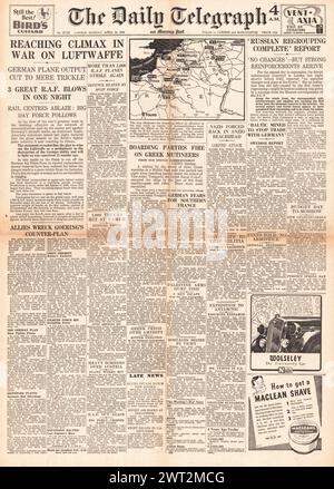 1944 die Titelseite des Daily Telegraph berichtet, dass die deutsche Luftverteidigung gebrochen ist, die griechische Marine Meuterei und die Rote Armee neue Offensiven an der Ostfront vorbereiten Stockfoto