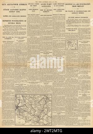 1944 die Times berichtete, dass die Alliierten in Italien vorrücken, deutsche und tschechische Ölraffinerien bombardiert und deutsche Gefangene in Sebastopol gefangen nahmen Stockfoto