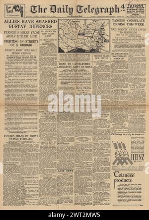 1944 die Titelseite des Daily Telegraph berichtet von alliierten Armeen auf der Gustav-Linie Stockfoto
