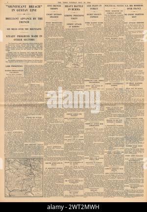 1944 berichtete die Times von alliierten Armeen auf der Gustav-Linie, Bombenangriffen der US Air Force auf Frankreich und der Schlacht um Kohima Stockfoto